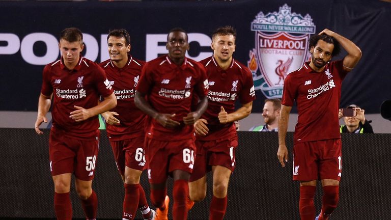 EAST RUTHERFORD, NJ - JULY 25: Mohammed Salah #11 of Liverpool celebrates his goal against Manchester City during their match at MetLife Stadium on July 25, 2018 in East Rutherford, New Jersey. (Photo by Jeff Zelevansky/Getty Images)