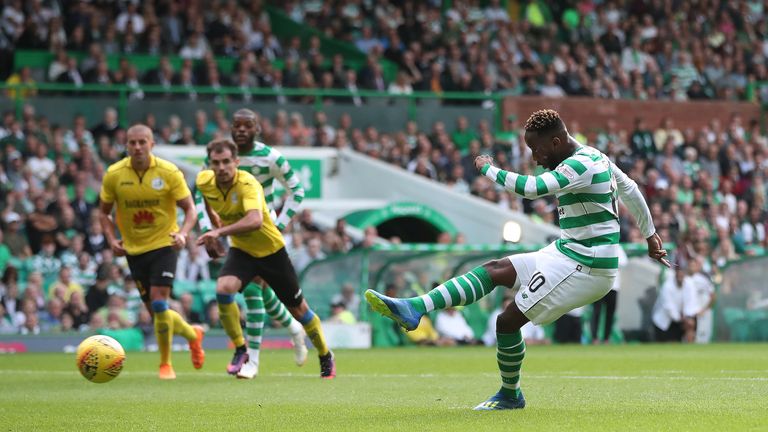 GLASGOW, SCOTLAND - JULY 18: Moussa Dembele of Celtic scores his second goal from the penalty spot during the UEFA Champions League Qualifier between Celtic and Alashkert FC  at Celtic Park on July 18, 2018 in Glasgow, Scotland. (Photo by Ian MacNicol/Getty Images)