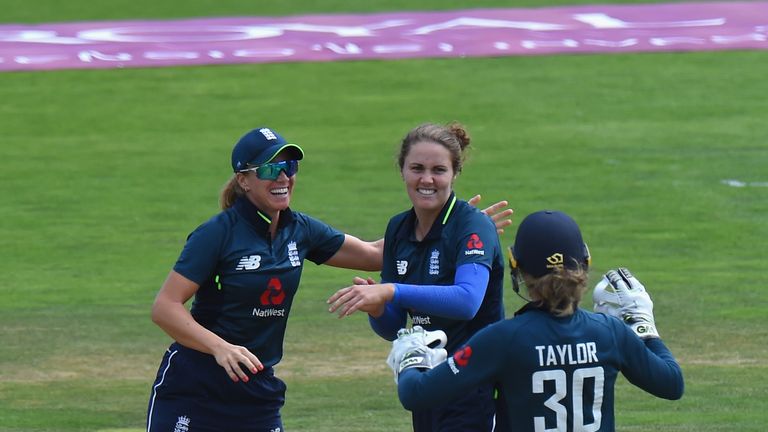 Nat Scriver of England Women celebrates taking the wicket of Katey Martin of New Zealand Women during the 1st ODI: ICC Women's Championship between England Women and New Zealand Women at Headingley on July 7, 2018 in Leeds, England.