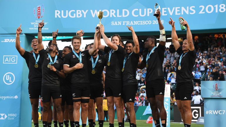 New Zealand celebrate winning the World Cup Sevens