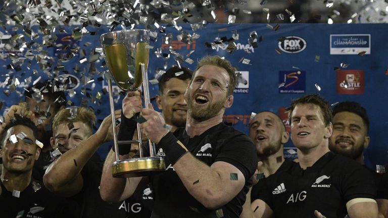 New Zealand captain Kieran Read lifts The Rugby Championship silverware in 2017