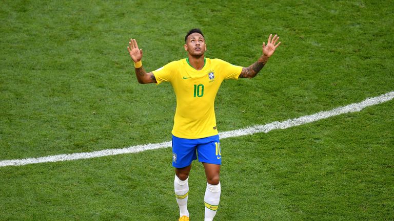 Neymar celebrates after putting Brazil 1-0 up in the last 16 match against Mexico