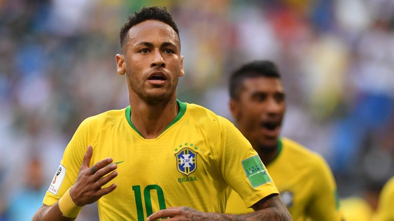 Neymar celebrates scoring the first of Brazil's two goals