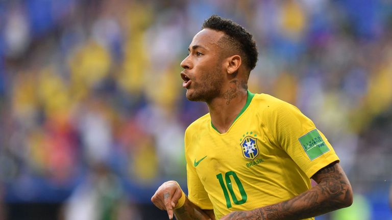 Neymar celebrates for Brazil at the World Cup