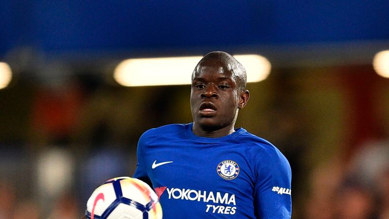 N'Golo Kante chases the ball during the Premier League match between Chelsea and Huddersfield Town at Stamford Bridge in London on May 9, 2018