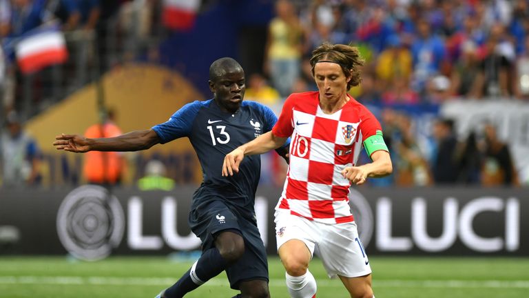 N'Golo Kante challenges Luka Modric