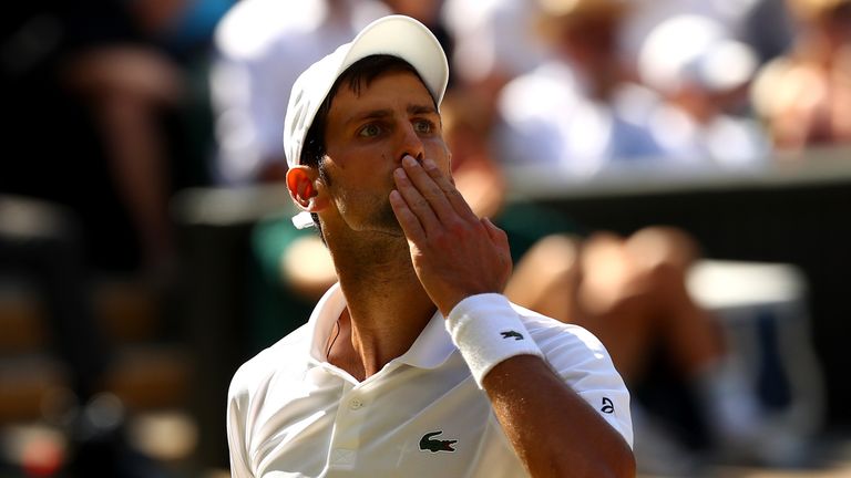 Novak Djokovic of Serbia blows a kiss during the Men's Singles final against Kevin Anderson of South Africa on day thirteen of the Wimbledon Lawn Tennis Championships at All England Lawn Tennis and Croquet Club on July 15, 2018 in London, England.