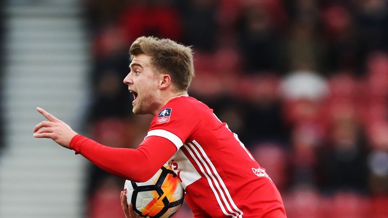 MIDDLESBROUGH, ENGLAND - JANUARY 27: Patrick Bamford of Middlesborough clutches the ball during the The Emirates FA Cup Fourth Round match between Middlesbrough v Brighton and Hove Albion at Riverside Stadium on January 27, 2018 in Middlesbrough, England. (Photo by Ian MacNicol/Getty Images)