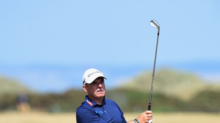 xxxx plays his first shot on the 1st tee during Day One of The Senior Open Presented by Rolex at The Old Course on July 26, 2018 in St Andrews, Scotland.