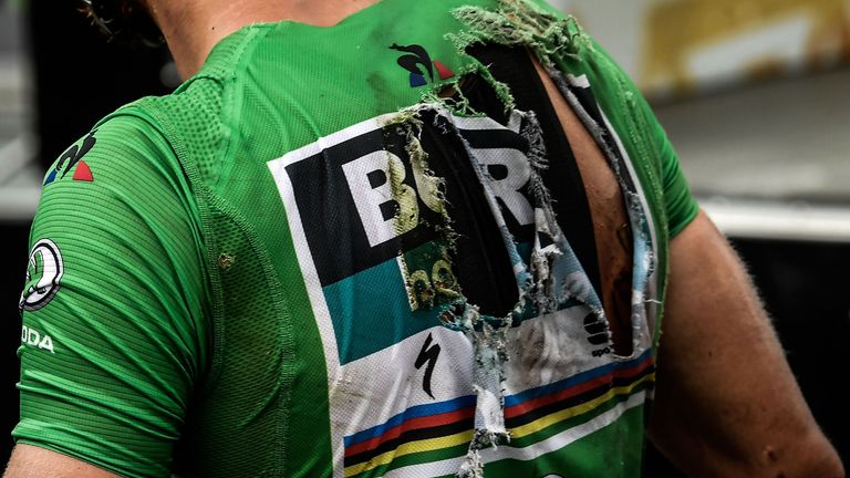 Green jersey holder Peter Sagan suffered a fall on the descent from Col de Val Louron-Azet