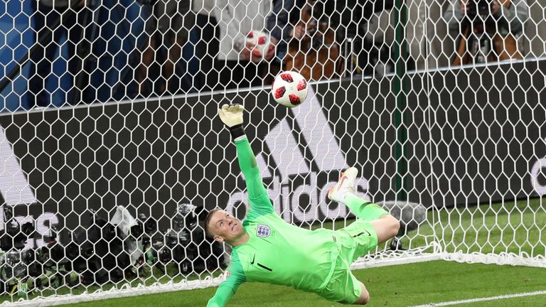 Jordan Pickford saves a penalty during the 2018 FIFA World Cup Russia Round of 16 match between Colombia and England at Spartak Stadium on July 3, 2018 in Moscow, Russia.