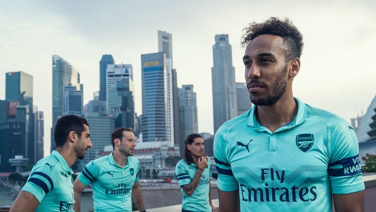 Pierre-Emerick Aubameyang models the Arsenal 2018/19 third kit during the pre-season tour in Singapore (Puma)