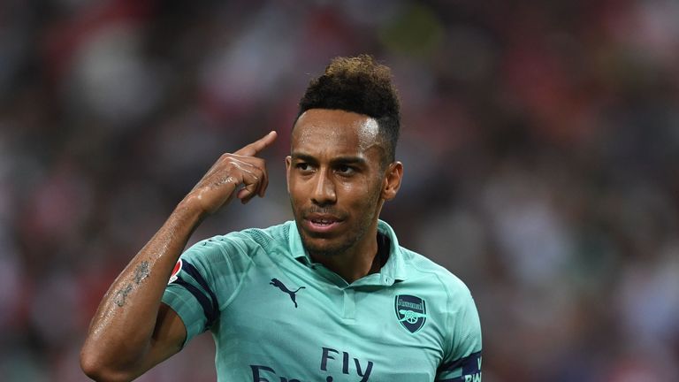 Pierre-Emerick Aubameyang during the International Champions Cup match between Arsenal and Paris Saint Germain at the National Stadium on July 28, 2018 in Singapore.