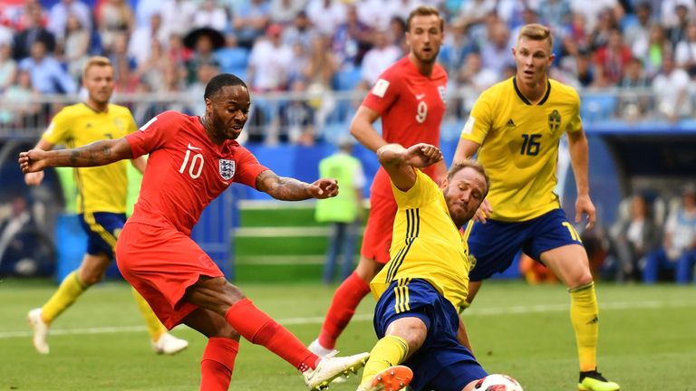 Raheem Sterling sees a shot blocked by Andreas Granqvist in England's 2-0 win over Sweden in the World Cup quarter-final