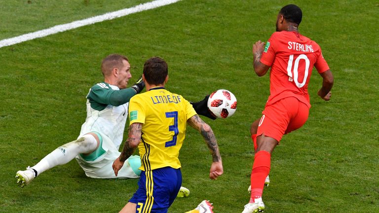 Raheem Sterling attempts to round the goalkeeper during England's 2-0 win over Sweden at the World Cup