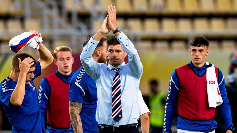 Rangers manager Steven Gerrard applauds the travelling fans at full time.