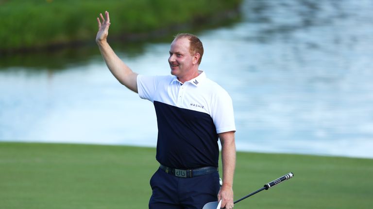 Richard McEvoy of England celebrates his victory on the 18th green during the final round of the Porsche European Open at Green Eagle Golf Course on July 29, 2018 in Hamburg, Germany. 