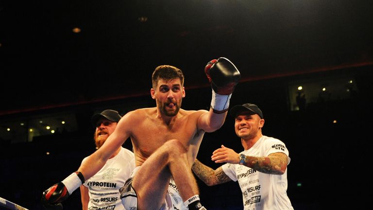 Rocky Fielding celebrates after beating David Brophy during the 