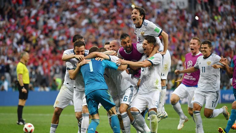 Russia players celebrate after beating Spain on penalties in the last 16 of the World Cup