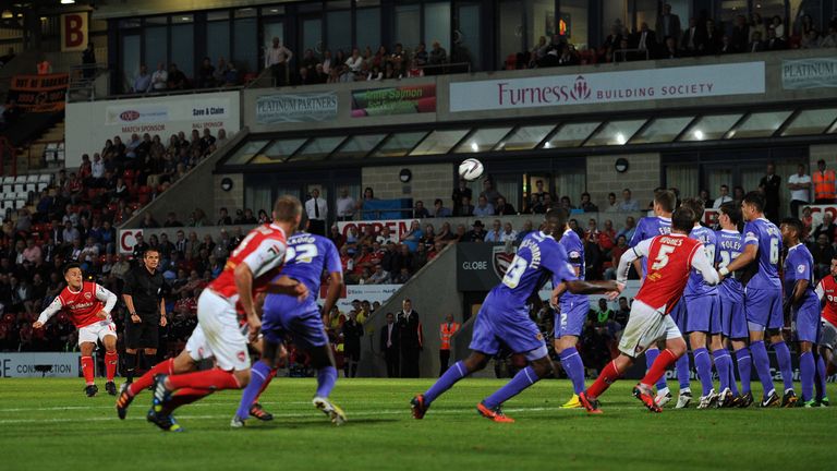 Ryan Williams scores during the Capital One Cup First Round match between Morecambe and Wolverhampton Wanderers at Globe Arena on August 06, 2013 in Morecambe, England, (Photo by Chris Brunskill/Getty Images) *** Local caption ***
