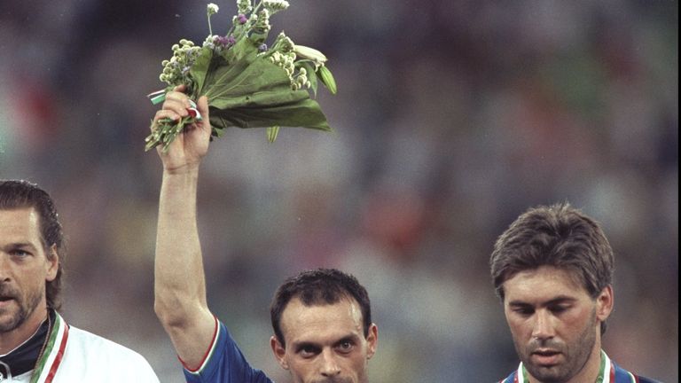 Italy's Salvatore Schillaci and Carlo Ancelotti pictured after the 1990 World Cup third-place game against England
