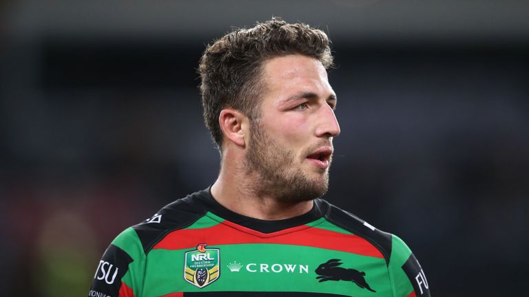 Sam Burgess of the Rabbitohs looks on during the round 13 NRL match between the South Sydney Rabbitohs and the Cronulla Sharks at ANZ Stadium on June 1, 2018 in Sydney, Australia.