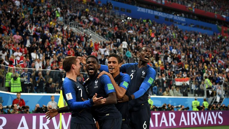 France players celebrate Samuel Umtiti's opener against Belgium