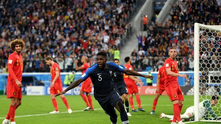 Samuel Umtiti celebrates his goal against Belgium