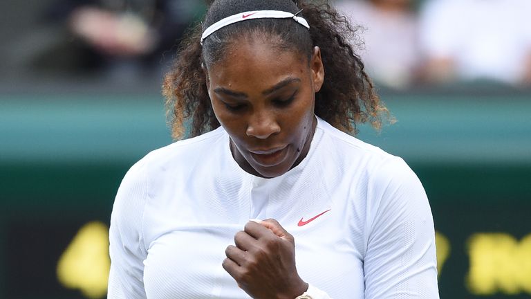 Serena Williams reacts against Germany's Angelique Kerber during their women's singles final match on the twelfth day of the 2018 Wimbledon Championships at The All England Lawn Tennis Club in Wimbledon, southwest London, on July 14, 2018