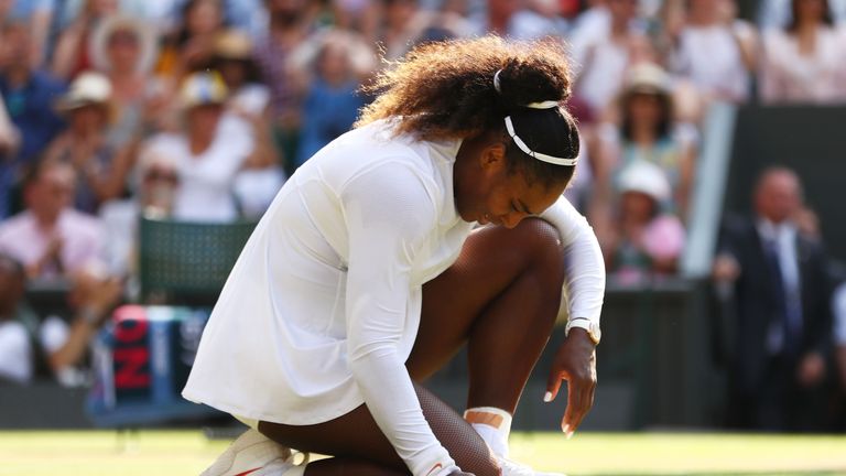 Serena Williams of The United States appears dejected during the Ladies' Singles final against Angelique Kerber of Germany on day twelve of the Wimbledon Lawn Tennis Championships at All England Lawn Tennis and Croquet Club on July 14, 2018 in London, England