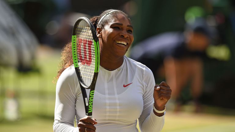 US player Serena Williams celebrates after winning against Italy's Camila Giorgi during their women's singles quarter-final match on the eighth day of the 2018 Wimbledon Championships at The All England Lawn Tennis Club in Wimbledon, southwest London, on July 10, 2018. - Williams won the match 3-6, 6-3, 6-4. 