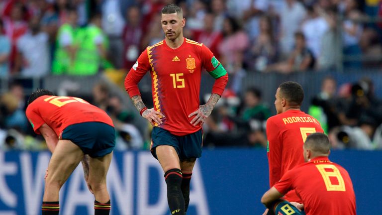 Sergio Ramos and the Spain team are dejected after their World Cup defeat to Russia