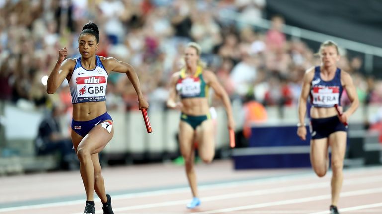 Shannon Hylton brough the GB & NI women home for victory in the 4x100m relay