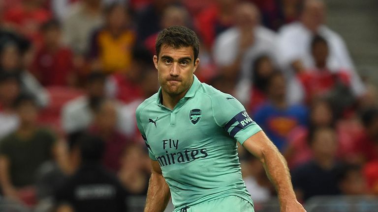 Sokratis Papastathopoulos of Arsenal during the International Champions Cup match between Arsenal and Paris Saint Germain at the National Stadium on July 28, 2018 in Singapore. (Photo by Stuart MacFarlane/Arsenal FC via Getty Images)