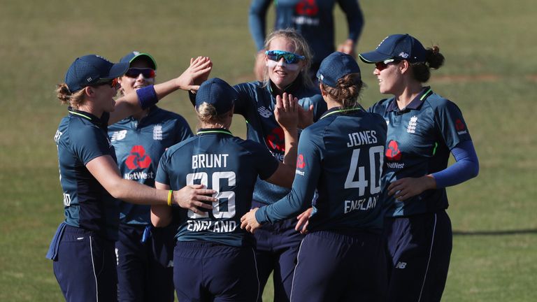 England's Sophie Ecclestone celebrates taking the wicket of New Zealand's Maddie Green during the Second One Day International Women's match at the 3aaa County Ground, Derby.