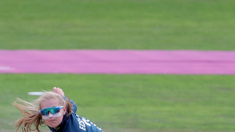 England's Sophie Ecclestone bowls during the First One Day International Women's match at Emerald Headingley, Leed