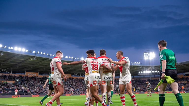 Picture by Allan McKenzie/SWpix.com - 13/07/2018 - Rugby League - Betfred Super League - Hull FC v St Helens - KC Stadium, Kingston upon Hull, England - St Helens' Luke Thompson is congratulated on his try against Hull FC.
