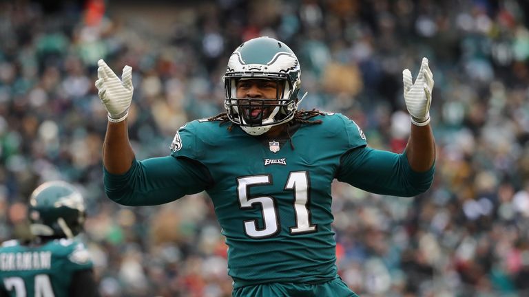 Defensive end Steven Means #51 of the Philadelphia Eagles tries to rally the fans against the Dallas Cowboys during the first half of the game at Lincoln Financial Field on December 31, 2017 in Philadelphia, Pennsylvania. 