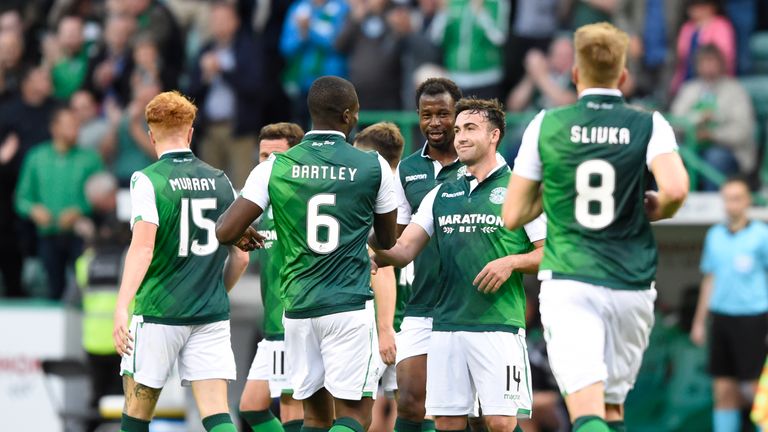 Hibs Stevie Mallan (14) celebrates with Hibs Marvin Bartley after scoring his side's sixth goal during the Europa League, Qualifying Round One, First Leg match at Easter Road, Edinburgh, 12 July 2018
