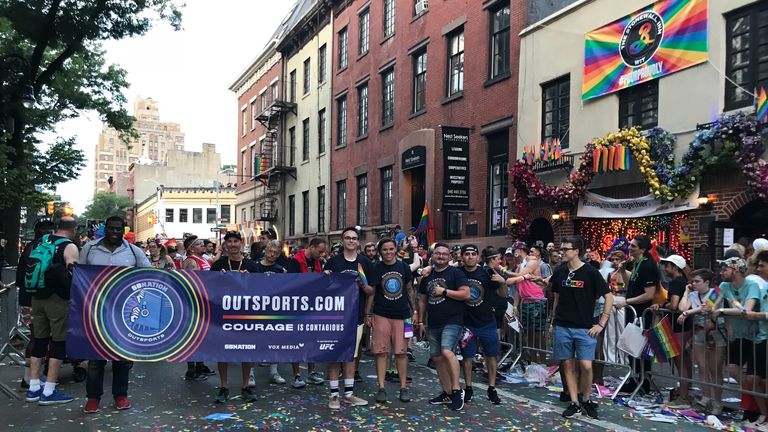 Outsports at New York Pride parade, Stonewall Inn