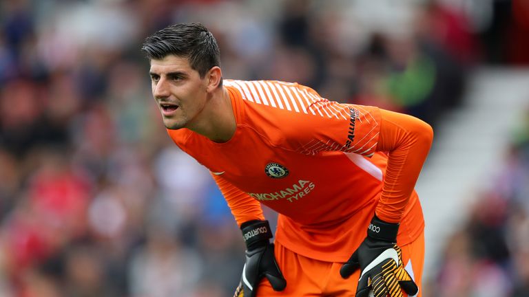 Thibaut Courtois in action during the Premier League match between Stoke City and Chelsea