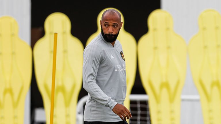 Belgium coach Thierry Henry is seen during a training session at the Park Arena in Sochi on June 16, 2018