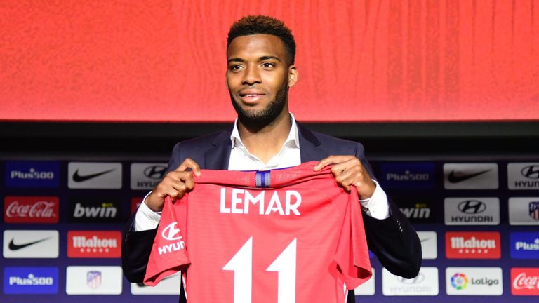 Atletico Madrid's new signing Thomas Lemar poses during his official presentation at the Wanda Metropolitano Stadium in Madrid on July 30, 2018
