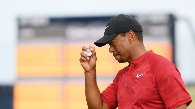 Tiger Woods of the United States reacts to a birdie on the 14th hole during the final round of the 147th Open Championship at Carnoustie Golf Club on July 22, 2018 in Carnoustie, Scotland.