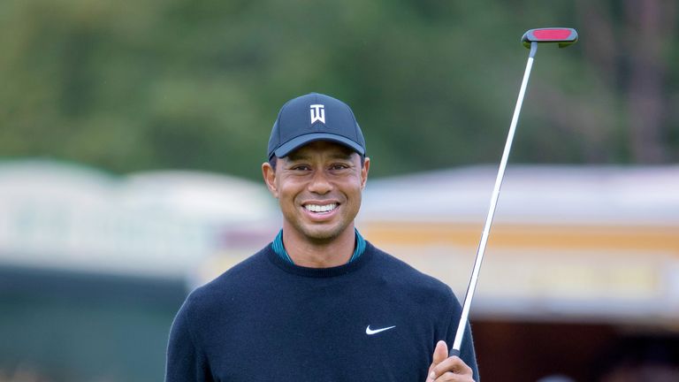 Tiger Woods appeared to enjoy his practice round ahead at Carnoustie on Monday
