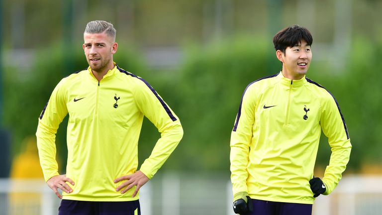 ENFIELD, ENGLAND - OCTOBER 31: Toby Alderweireld and Heung-Min Son look on during a Tottenham Hotspur training session ahead of their UEFA Champions League Group H match against Real Madrid on October 31, 2017 in Enfield, England. (Photo by Alex Broadway/Getty Images)