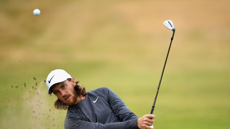 Tommy Fleetwood hits a bunker shot during previews to the 147th Open Championship at Carnoustie Golf Links on July 18, 2018