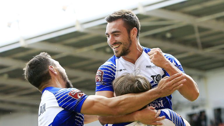 28/05/2017 - Rugby League - Kingstone Press Championship - Summer Bash - Halifax RLFC v Toulouse Olympique - Bloomfield Road, Blackpool, England 
Toulouse's Try scorer Tony Maurel (Top R)Congratulated by Mark Kheirallah and Sebastien Planas