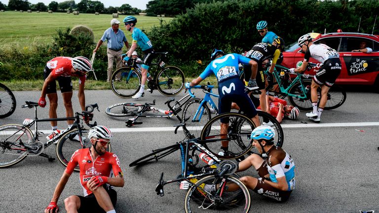 Several riders crashed five kilometres from the finish line