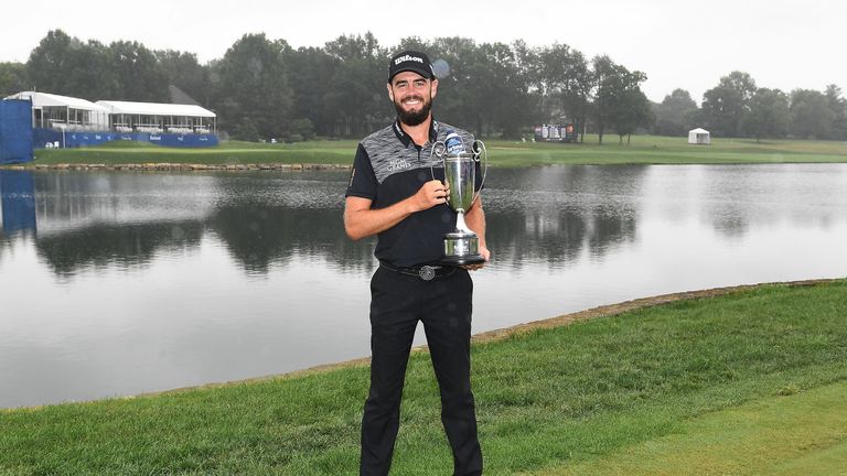 Troy Merritt poses with the winner's trophy after winning the Barbasol Championship at Keene Trace Golf Club on July 23, 2018 in Lexington, Kentucky
